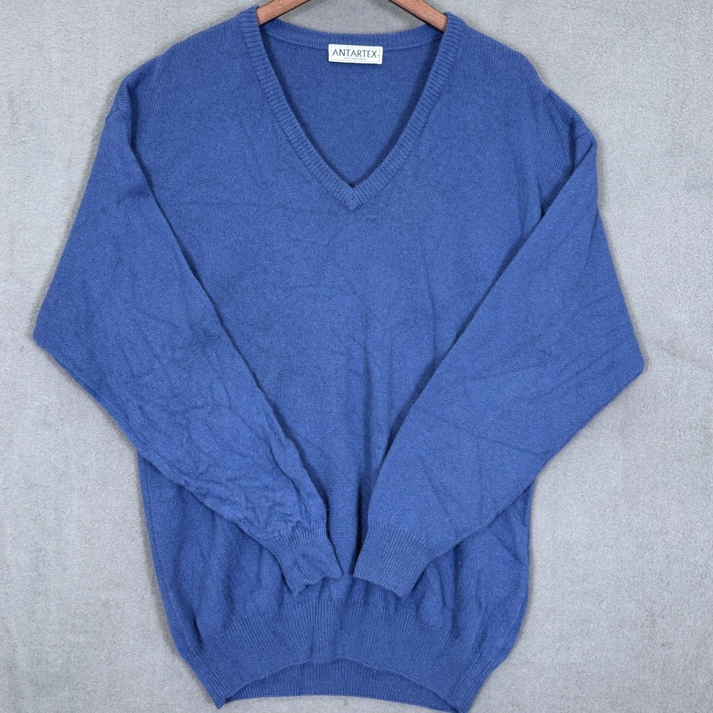 Vintage Antartex Sweater Men L Blue Lambswool V-Neck Pullover Knit Made Scotland